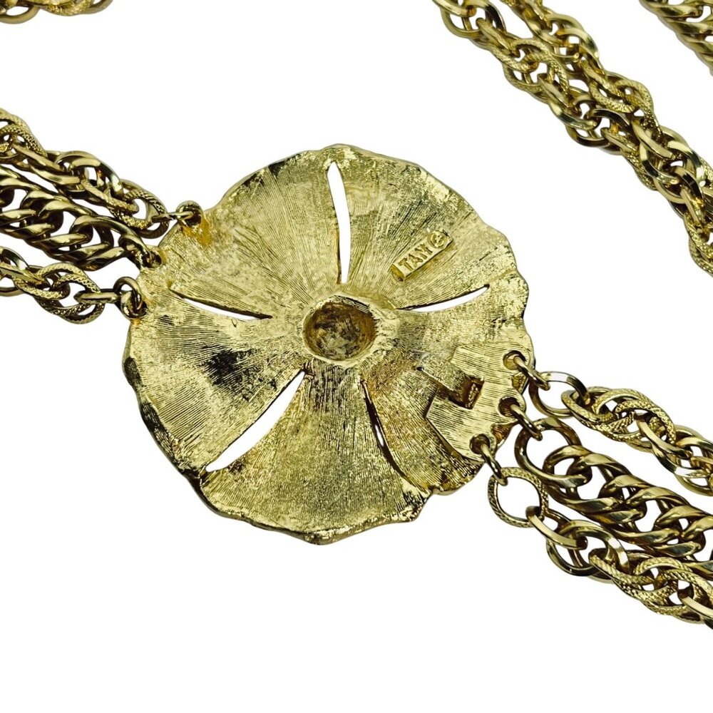 TAN Gold Tone Chunky Triple Strand Necklace With Floral Hook Clasp (5636) - Picture 5 of 6